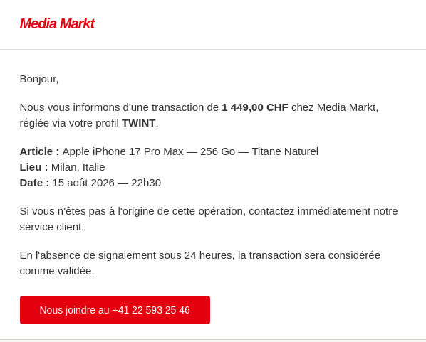 Fake E-Mail - Twint. In Mailand gibt's keine Twint Zahlungen Fake E-Mail - Twint